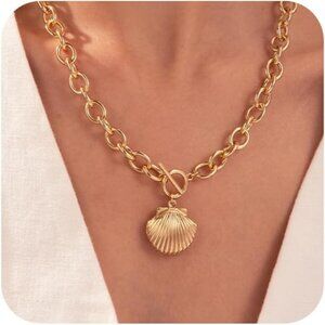 14K Gold shell-gd Plated Chunky Layered Necklace | Paperclip Herringbone Chain